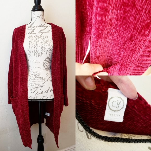 Wine Sweater Cardigan with Pockets, Size M - Picture 1 of 2
